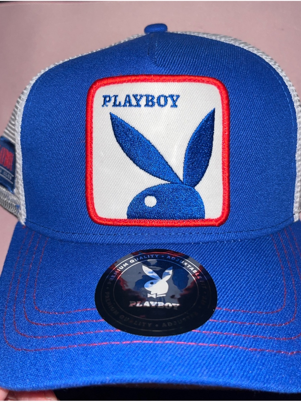 PLAYBOY Blue and White Logo Mesh Cap with Red Trim